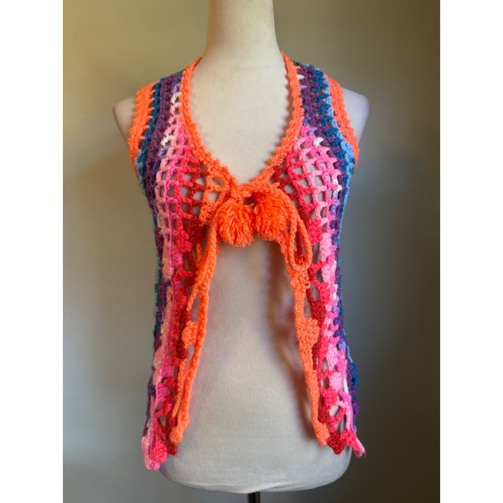 Handmade Rainbow Crochet Vest  Open Knit Boho Festival Pom Pom boho whimsi retro - Picture 4 of 4